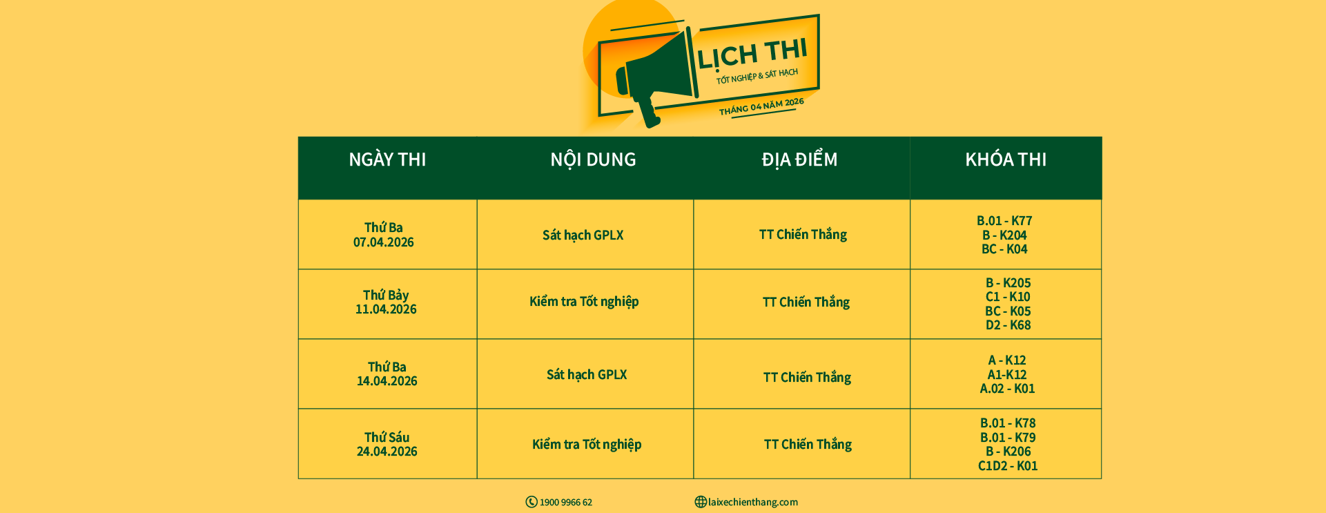 LỊCH THI TỐT NGHIỆP VÀ SÁT HẠCH TẠI LÁI XE CHIẾN THẮNG